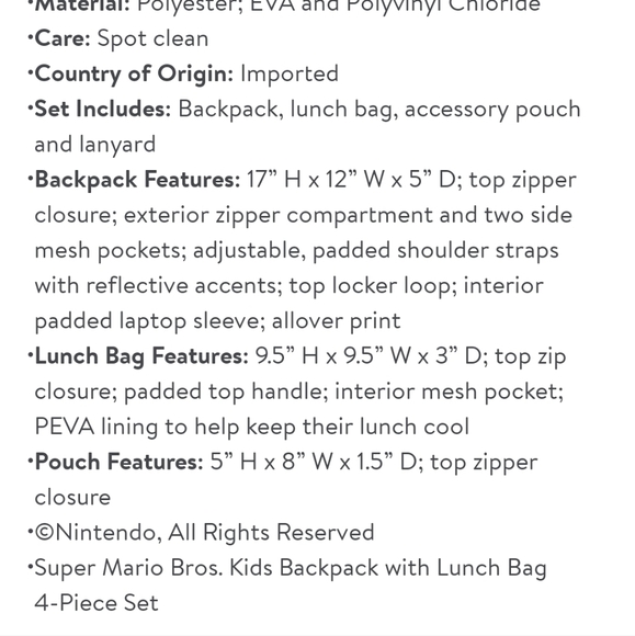 Nintendo Kids Super Mario Bros Backpack w/Lunchbag- 5 piece - Picture 6 of 8